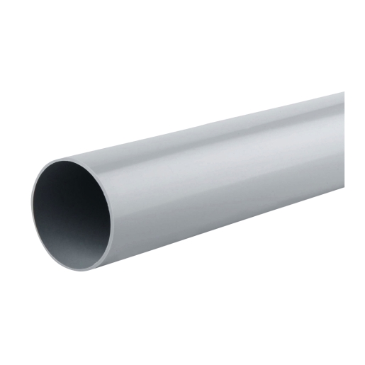 Grey 68mm diameter round pipe made of durable plastic, measuring 2 meters in length, featuring a smooth surface and rounded edges for easy installation.