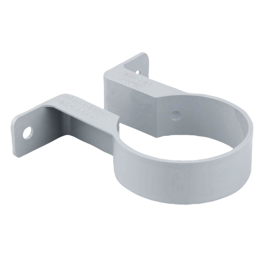 Grey round pipe bracket with a 68mm diameter, made of durable plastic, featuring two mounting holes for secure installation.