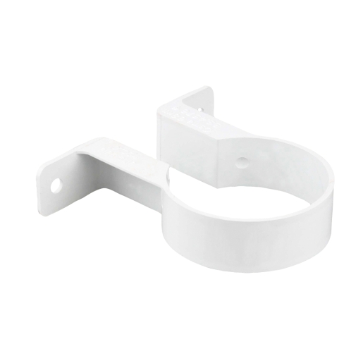 White round pipe bracket made of durable plastic, designed for 68mm diameter pipes, featuring two mounting holes for secure installation.