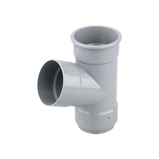 Grey plastic 67.5-degree branch pipe fitting with a 68mm diameter, featuring a smooth surface and a Y-shaped design for efficient drainage connections.