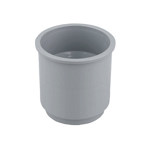 Round grey pipe connector with a 68mm diameter, made of durable plastic, featuring a smooth interior and a slightly flared edge for secure fitting.