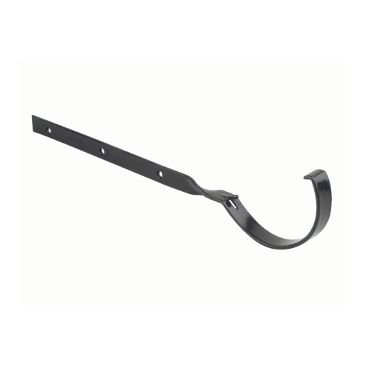 Black PVC-coated steel side rafter bracket with a 112mm diameter and 300mm length, featuring a curved hook design and multiple mounting holes.