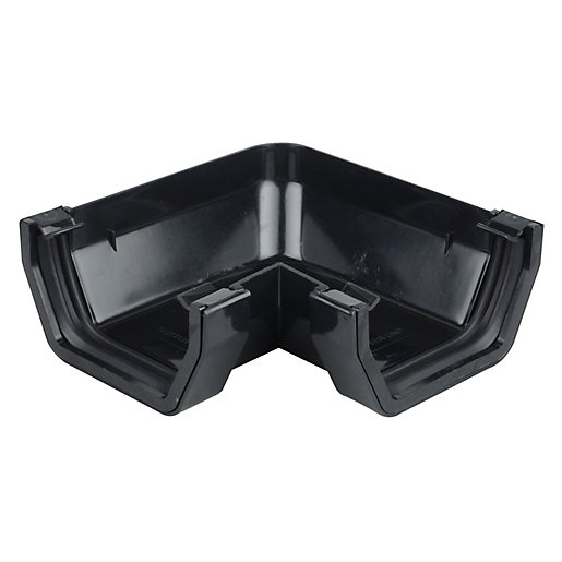 90-degree black plastic gutter angle, 100mm diameter, featuring a square design with interlocking edges for secure fitting in gutter systems.