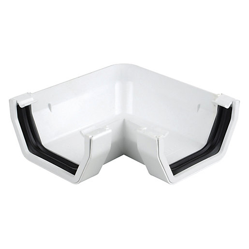 White 90-degree angle gutter fitting made from durable plastic, designed for 100mm diameter pipes, featuring a sleek square profile with integrated rubber seals for a secure connection.