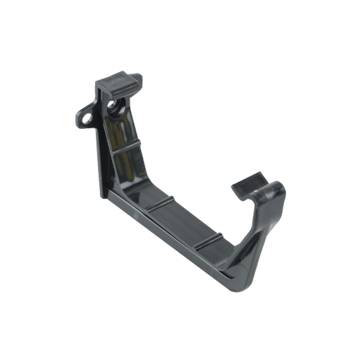 Black plastic gutter support bracket designed for 100mm diameter gutters, featuring a sturdy design with mounting holes for easy installation.