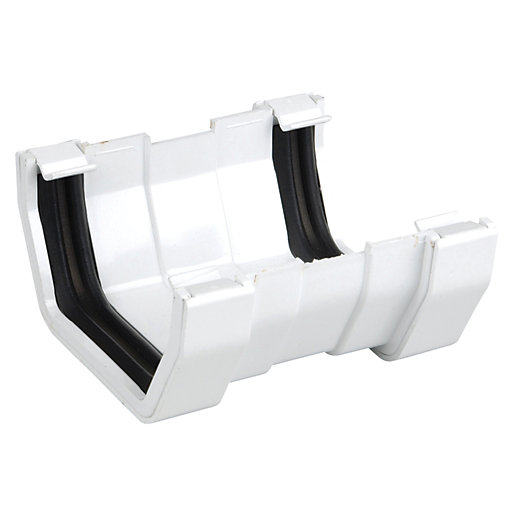 White Osma SquareLine gutter union, 100mm wide, featuring a durable plastic construction with rubber seals for secure connections.