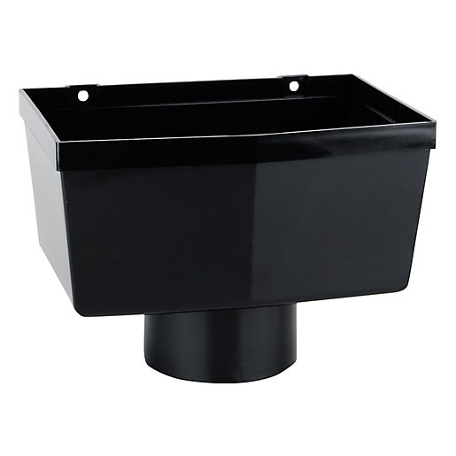 Black square hopper head made of durable plastic, measuring 61mm, featuring a smooth finish and two mounting holes for easy installation.