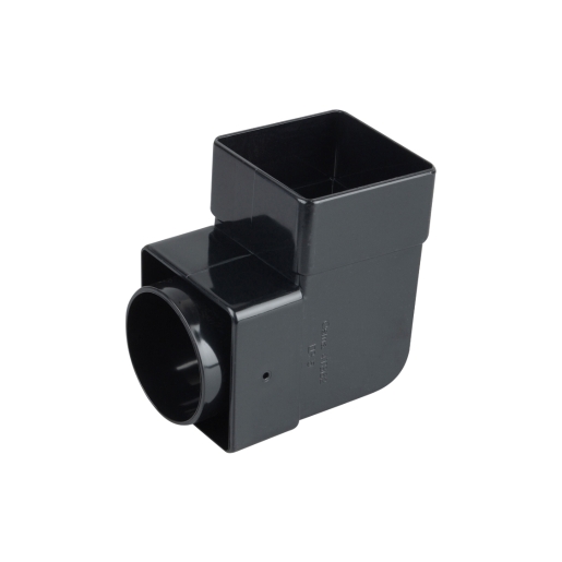 Black 90-degree pipe bend made of durable plastic, featuring a square top section and a round bottom outlet, designed for 61mm diameter pipes.