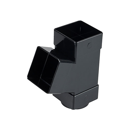 Black square pipe branch made of durable plastic, featuring a 67.5-degree angle and 61mm diameter, designed for efficient drainage in plumbing systems.