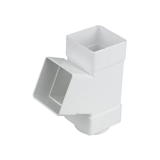 Wavin Osma SquareLine Pipe Branch in white, featuring a 67.5-degree angle and a 61mm square design, made from durable plastic for drainage applications.