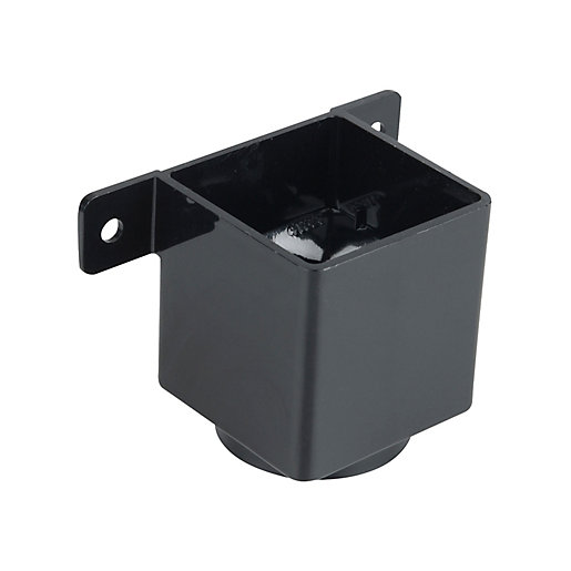 Black square pipe connector and bracket, made of durable plastic, featuring a 61mm diameter opening and two mounting holes for secure installation.