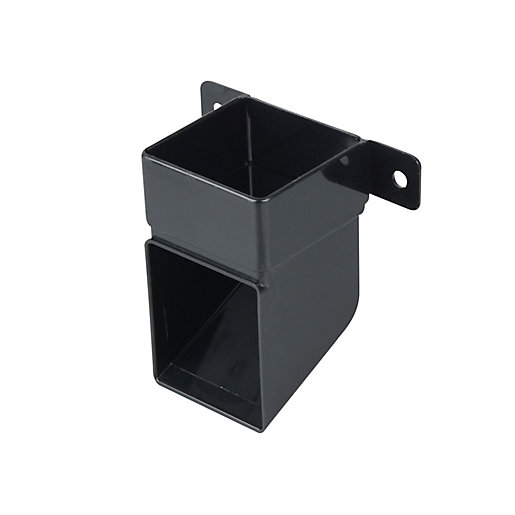 Black square pipe shoe and bracket made from durable material, measuring 116 x 108 x 66mm, featuring a sleek design with mounting holes for easy installation.