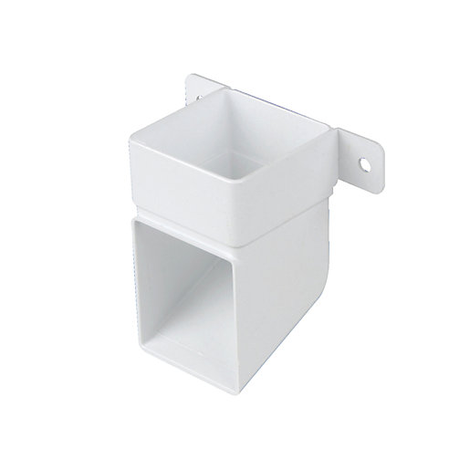 White square pipe shoe and bracket, measuring 116 x 108 x 66mm, made of durable plastic with a smooth finish and two mounting holes for easy installation.