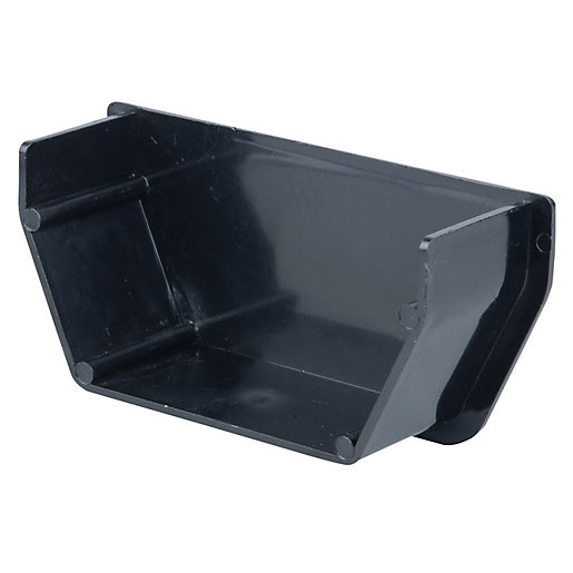 Black plastic internal stopend with a 100mm diameter, featuring a square design and smooth finish, designed for drainage systems.