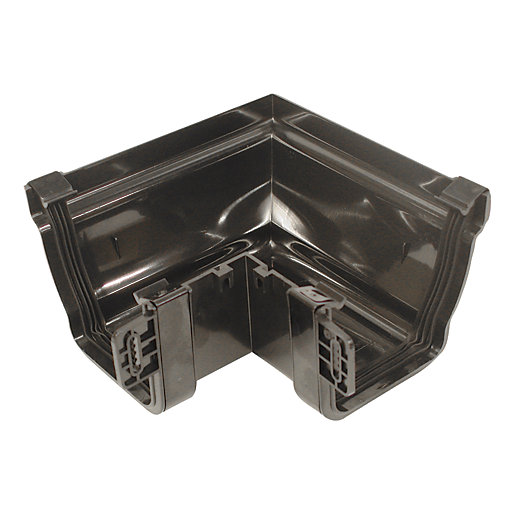 Black 90° external gutter angle made of durable plastic, featuring a smooth finish and interlocking clips for secure attachment, designed for 111mm gutter systems.
