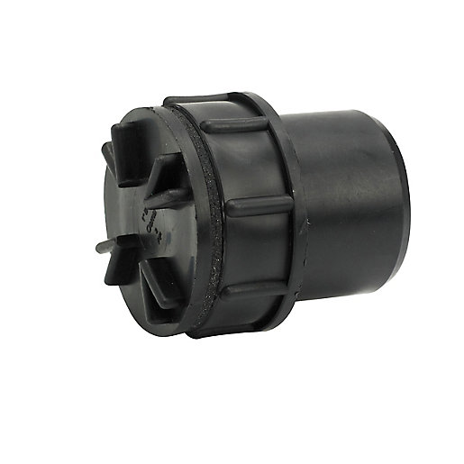 Black plastic push fit access plug with a 40mm diameter, featuring a ribbed design and multiple grip points for easy installation and removal.