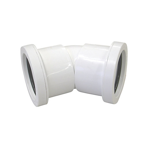 White 45° bend pipe fitting made of durable plastic, featuring two smooth ends for secure connections, designed for 32mm waste plumbing systems.