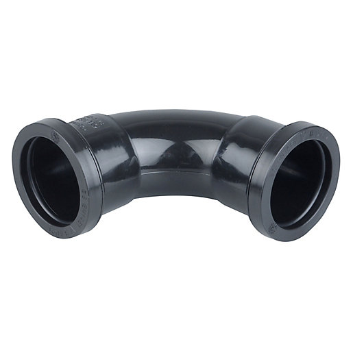 Black 87.5-degree push-fit bend pipe with a 40mm diameter, made of durable plastic, featuring smooth ends for easy connection.