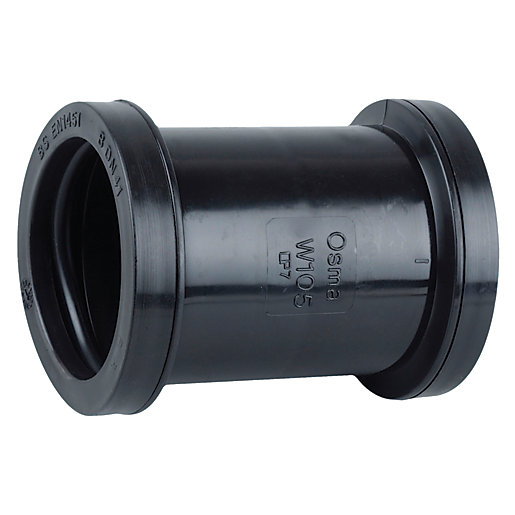 Black plastic push fit double socket with a 40mm diameter, featuring smooth edges and clear labeling of the brand "Osma" and product code "5W105B."