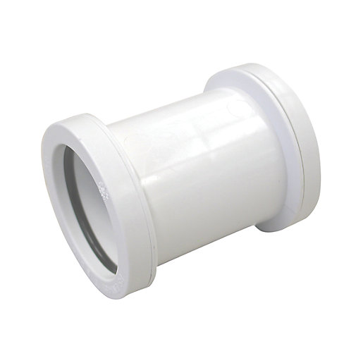 White 40mm double socket made of durable plastic, featuring smooth surfaces and circular openings on both ends for waste pipe connections.