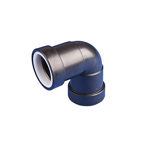 Black plastic push-fit knuckle bend pipe fitting with a 40mm diameter, featuring a smooth curved design for easy installation.