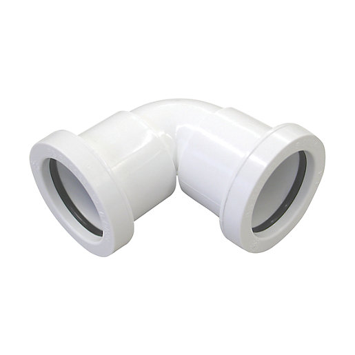 White 90° knuckle bend pipe fitting made of durable plastic, featuring two smooth ends designed for 40mm connections in waste plumbing systems.