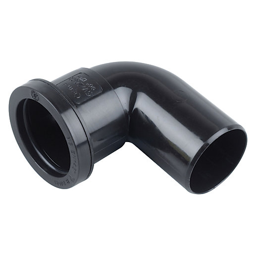 Black 32mm spigot bend with a 90-degree angle, made from durable plastic, featuring a smooth finish and push-fit design for easy installation.