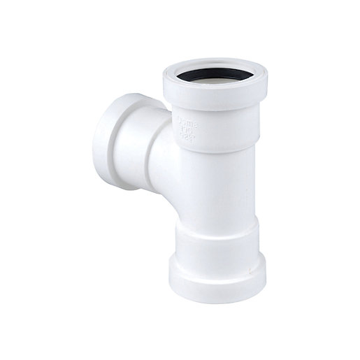 White Osma Waste 87.5° Tee fitting made from durable plastic, measuring 107 x 40mm, featuring smooth edges and a rubber seal for secure connections.