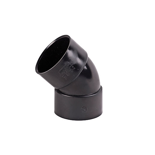 Black 45-degree bend pipe fitting made of durable plastic, designed for 40mm solvent weld waste systems, featuring smooth edges and a curved design for efficient drainage.