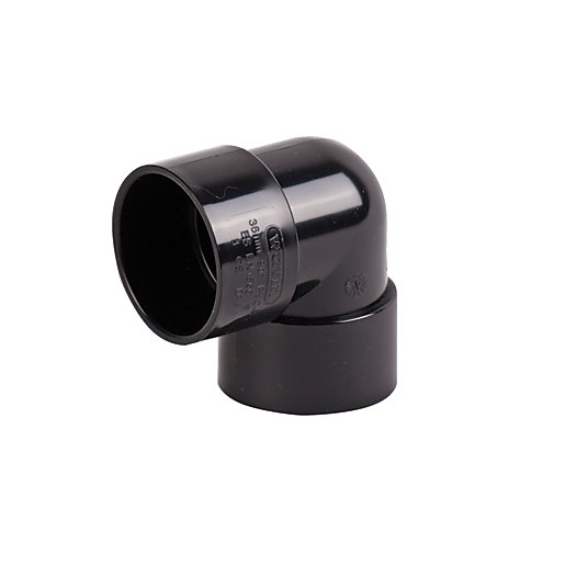 Black 90-degree knuckle bend pipe fitting made of durable plastic, designed for solvent weld connections, with a 32mm diameter.