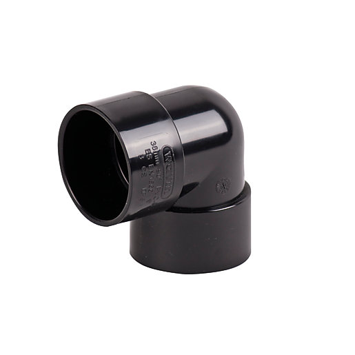 Black 90-degree knuckle bend pipe fitting made of durable plastic, designed for solvent welding, with a 40mm diameter and smooth curved edges for seamless connections.