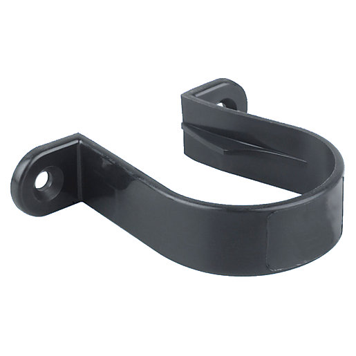 Black plastic bracket designed for 32mm Wavin Osma waste solvent weld pipes, featuring a curved shape and two mounting holes for secure installation.