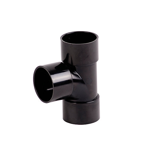 Black plastic Wavin Osma Waste Solvent Weld Tee with 87.5-degree angle and 40mm diameter, featuring three connecting ends for waste pipe installation.