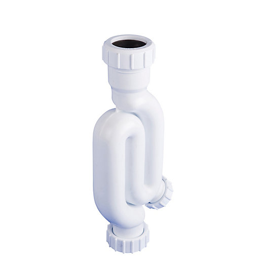 White plastic Wavin Osma Waste Straight Through Trap with a 75mm seal and 32mm diameter, featuring curved pipes and threaded connectors for easy installation.