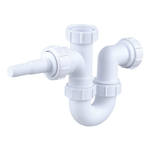 White plastic Wavin Osma waste washing machine half trap with a 75mm seal and 40mm connections, featuring threaded ends and a curved design for efficient drainage.