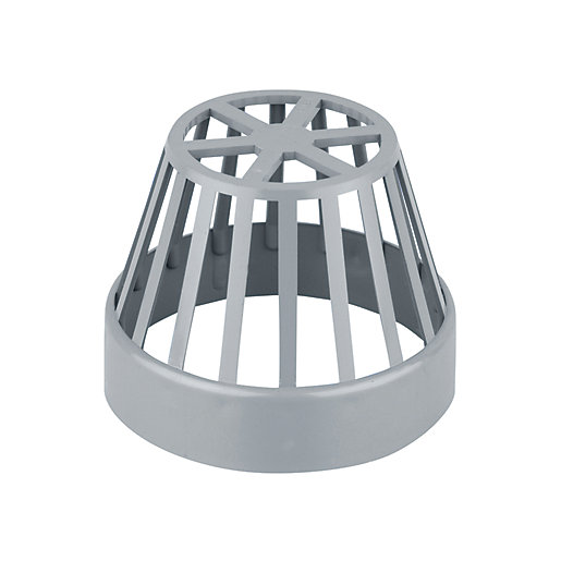 Grey 110mm balloon grating made of durable plastic, featuring a cylindrical shape with vertical slats and a wide base for effective drainage and debris protection.