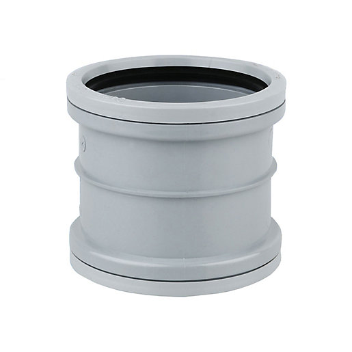 Grey double socket slip coupler made of durable plastic, measuring 110mm in diameter, featuring a smooth finish and rubber sealing for secure connections.