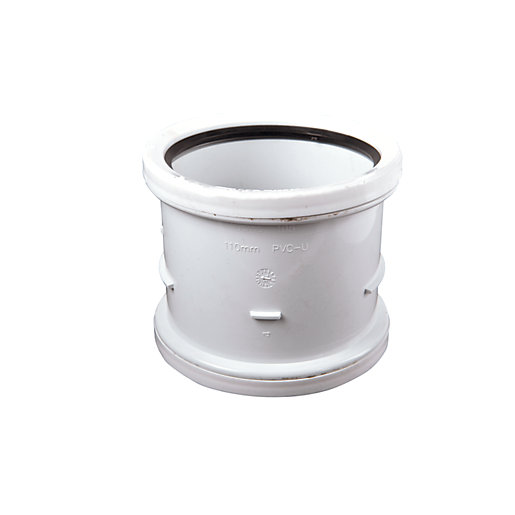 Wavin OsmaSoil D/S Repair Coupler in white, made of PVC-U, features a 110mm diameter with smooth edges and a sturdy, durable design for seamless drainage connections.