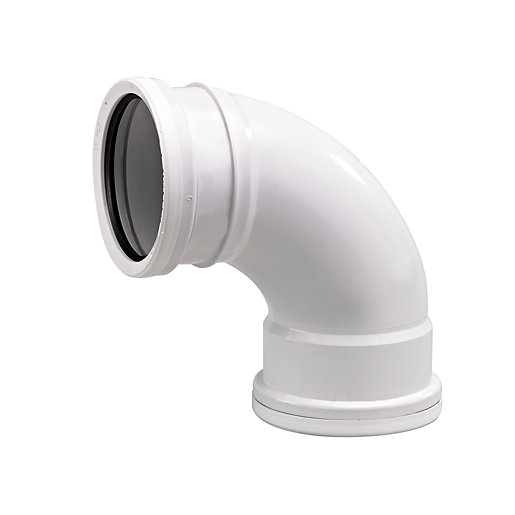 White plastic 87.5° tight radius bend pipe fitting, designed for drainage systems, featuring smooth edges and a rubber seal for secure connections.