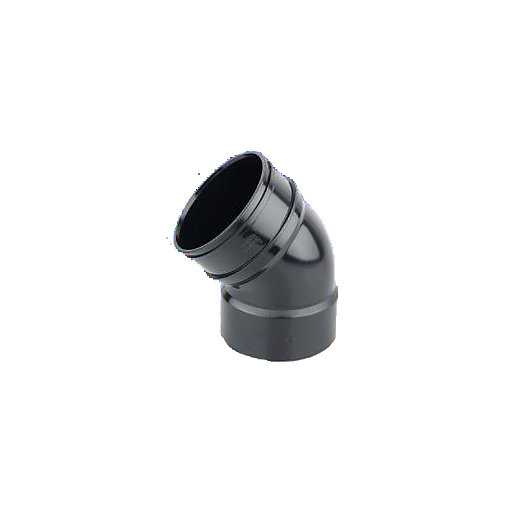 Black 110mm double solvent weld bend with a 45-degree angle, featuring smooth, durable plastic material and two visible connection rings.