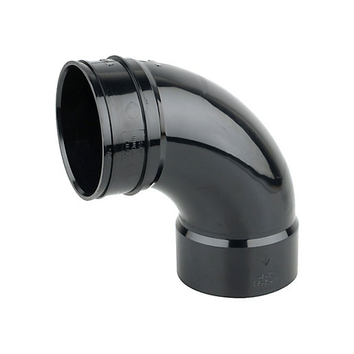 Black 110mm double solvent weld bend with an 87.5-degree angle, featuring smooth, durable plastic material and clear markings for installation orientation.