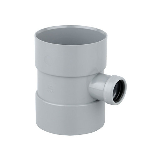 Grey PVC double socket bossed pipe, measuring 110mm x 40mm, featuring a smooth finish and a side outlet for drainage applications.