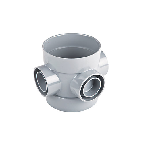 Grey PVC pipe fitting with three openings, designed for drainage, featuring a smooth finish and a double switch configuration for versatile connections.