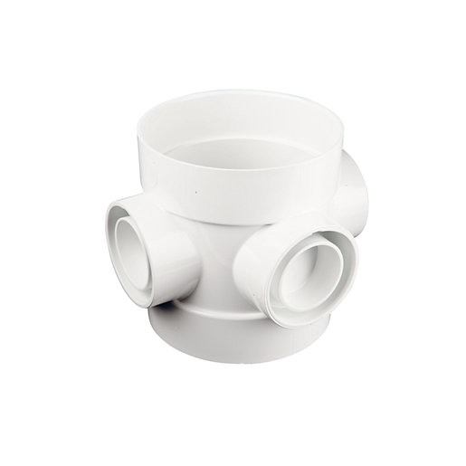 White 110mm Wavin OsmaSoil D/SW short bossed pipe made of durable plastic, featuring three openings for drainage connections.