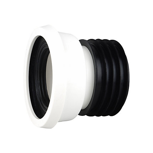White plastic WC pan connector with a straight design, featuring a smooth outer surface and a ribbed black rubber section for secure fitting.