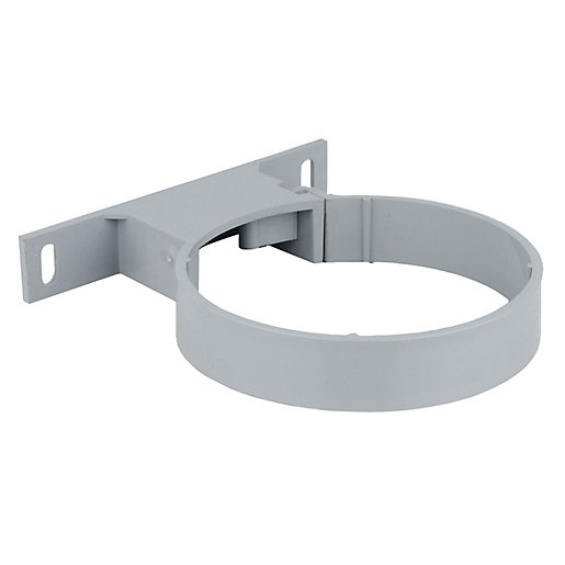 Grey 110mm pipe bracket made of durable plastic, featuring a circular design with a flat mounting plate and two holes for secure installation.