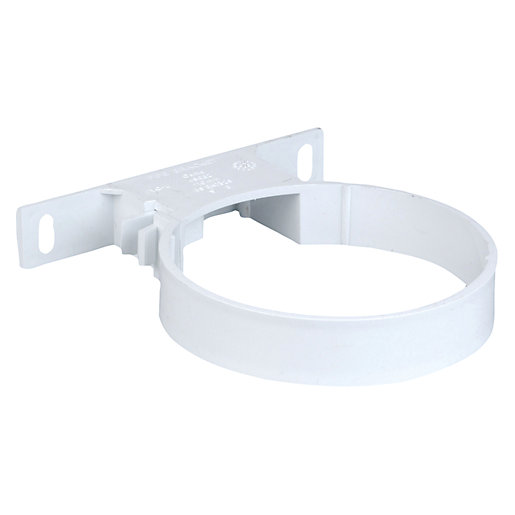 White plastic pipe bracket designed for 110mm diameter pipes, featuring a flat mounting plate and a circular clamp for secure attachment.