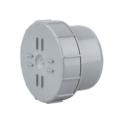 Grey 110mm plain-ended access plug made of durable plastic, featuring a smooth surface and ribbed edges for secure fitting.