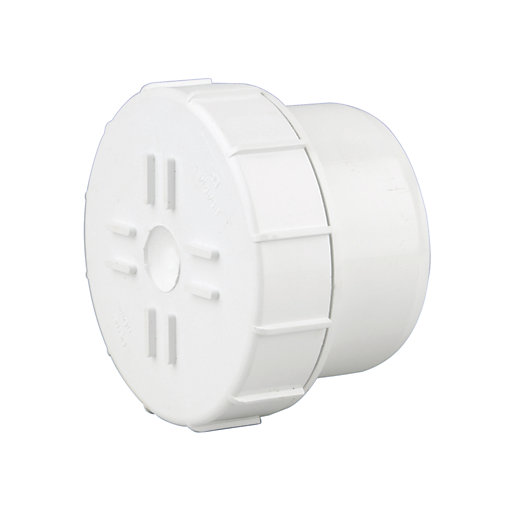 Plain ended access plug in white, made of durable plastic, with a 110mm diameter and ribbed edges for secure fitting, featuring a smooth, rounded design.