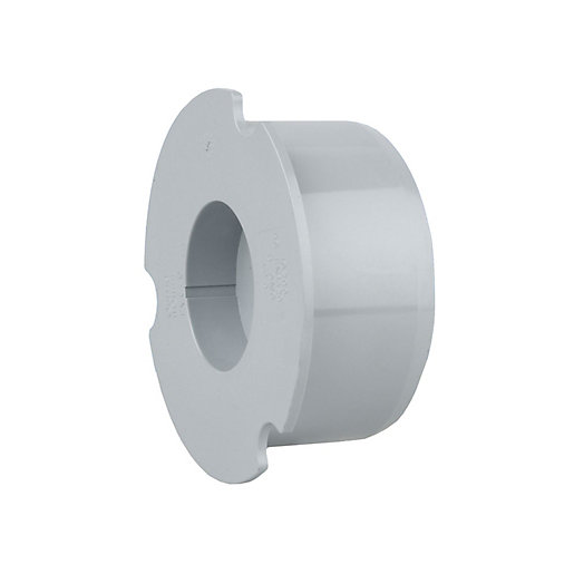 Plain ended socket plug in grey, made of durable plastic, featuring a smooth surface and a central opening for 110mm pipe connection.